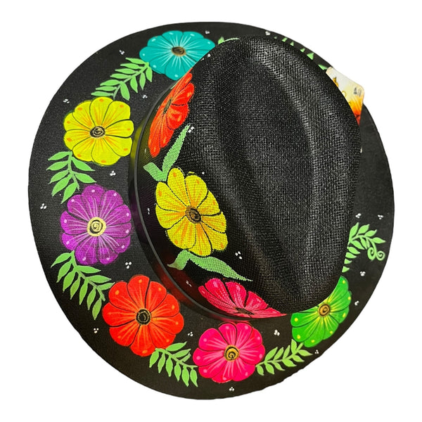 HAT MEXICAN Artisanal Hand Painted Fedora Floral Sombrero Panama Bohemian Black