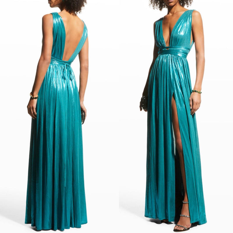 BRONX AND BANCO Romi Metallic Gown Plunge Neckline Dress Teal Turquoise Large 8