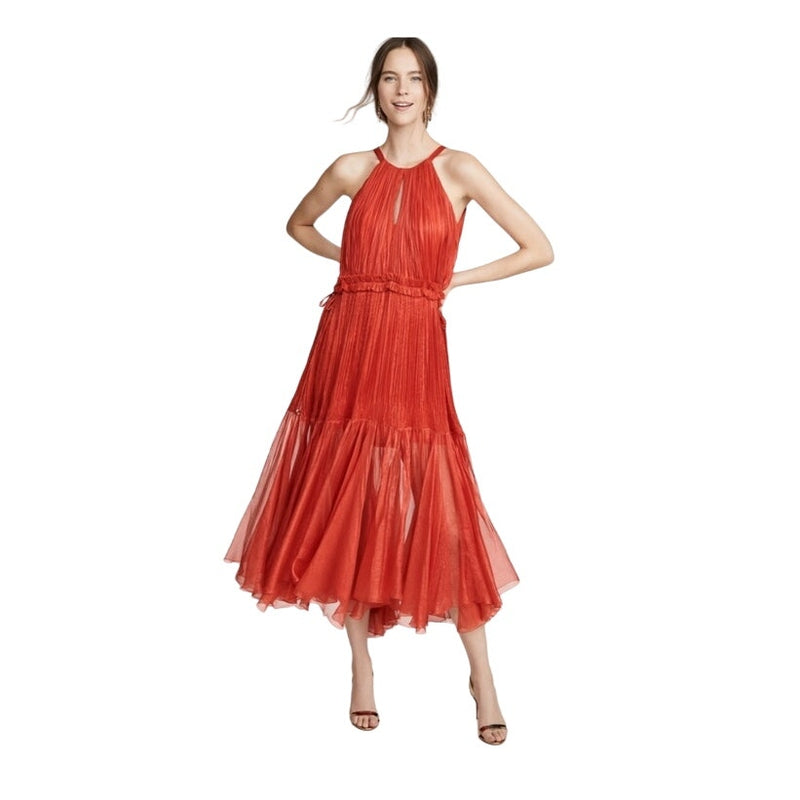 MARIA LUCIA HOHAN Maella Silk Tent Dress Red Chiffon Ruffled Plisse Halter Gown