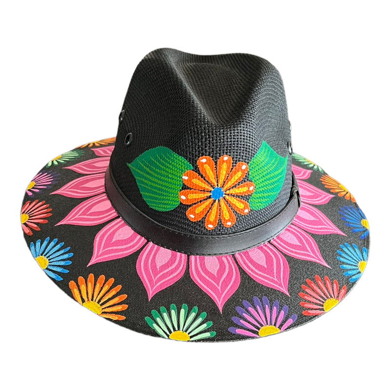 HAT MEXICAN Artisanal Hand Painted Fedora Floral Sombrero Panama Bohemian Black
