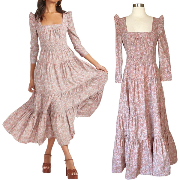 LOVESHACKFANCY Lyna Maxi Dress Tan Garden Cotton Ruffle Floral Pink S 4-6 Sample