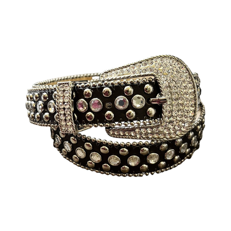 CHRISTINE ALEXANDER Brown Silver Crystals Embellished Leather Belt Rhinestone M