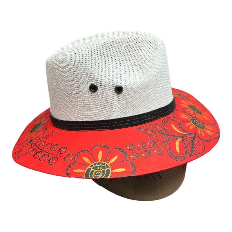 HAT MEXICAN Artisanal Hand Painted Fedora Floral Sombrero Panama Bohemian Red