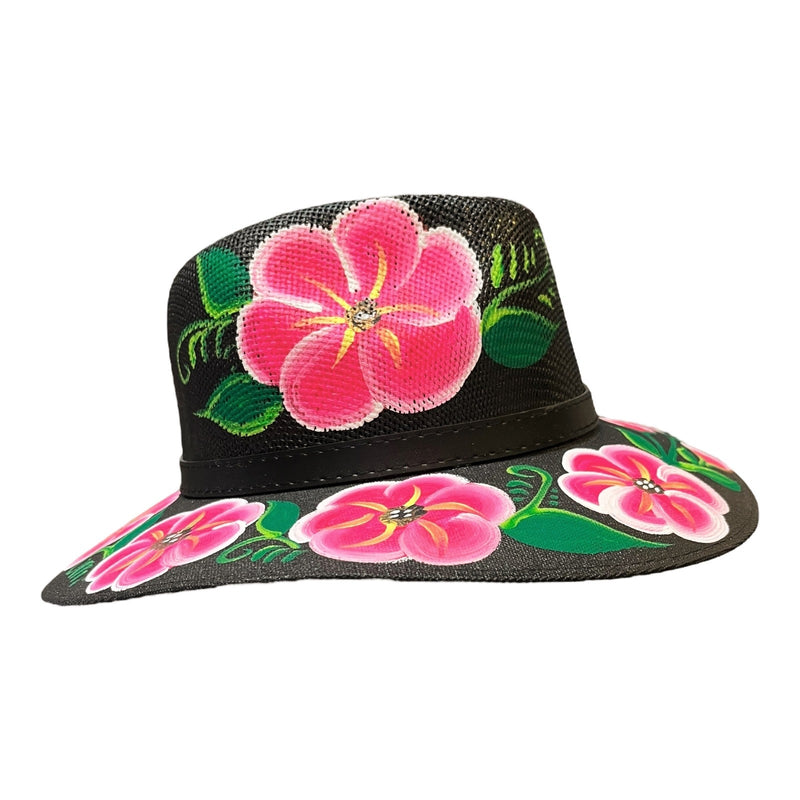 HAT MEXICAN Artisanal Hand Painted Fedora Floral Sombrero Panama Bohemian Black