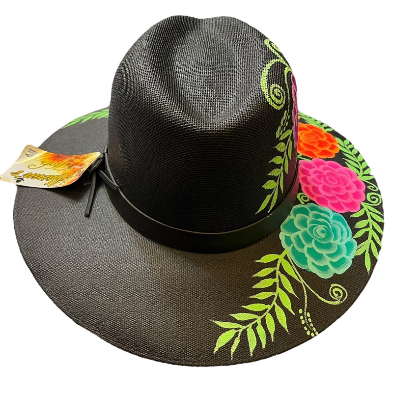 HAT MEXICAN Artisanal Hand Painted Fedora Floral Sombrero Panama Bohemian Black