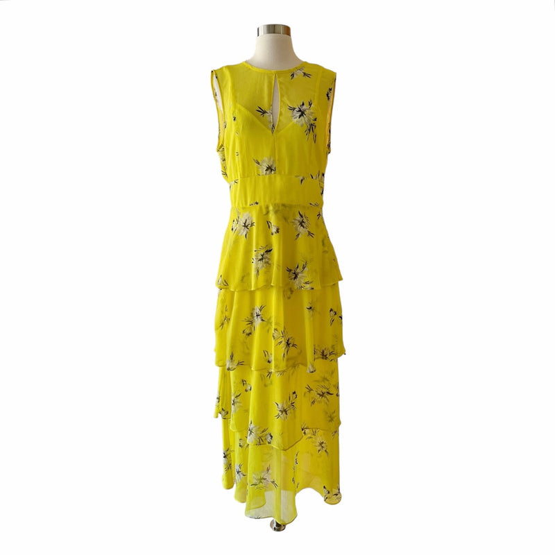 GREAT JONES Floral Silky Chiffon Tiered Dress Maxi Sleeveless Yellow Crew Neck