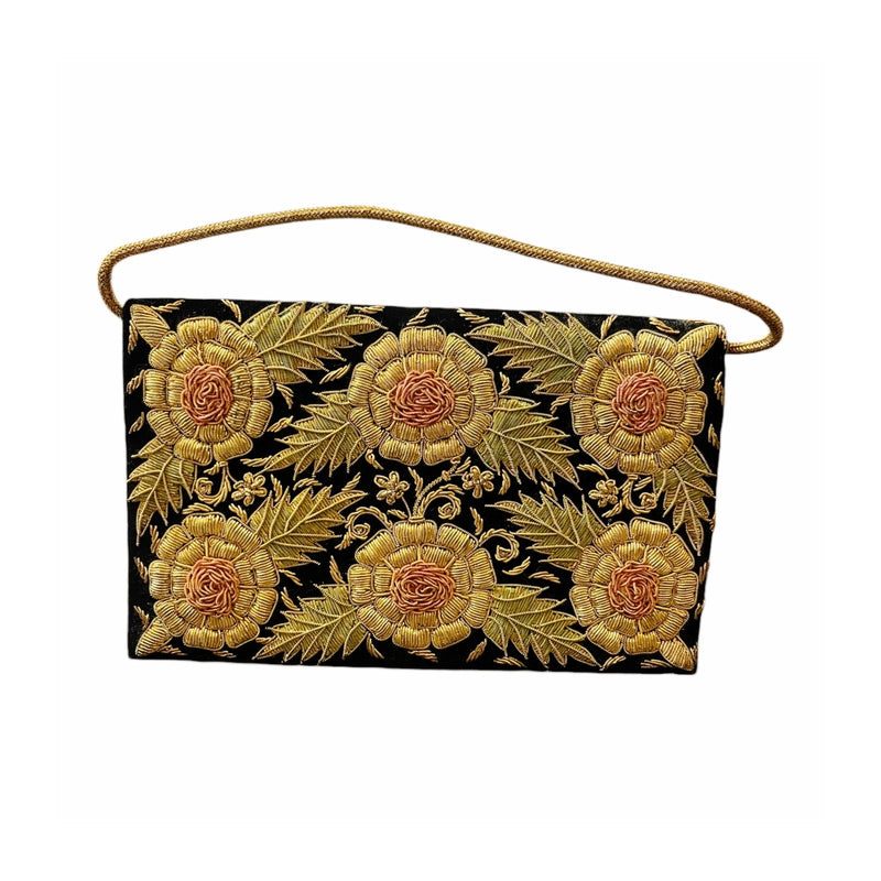 VINTAGE ZARDOZI Metal Embroidered Envelope Clutch Gold Black Velvet Handmade