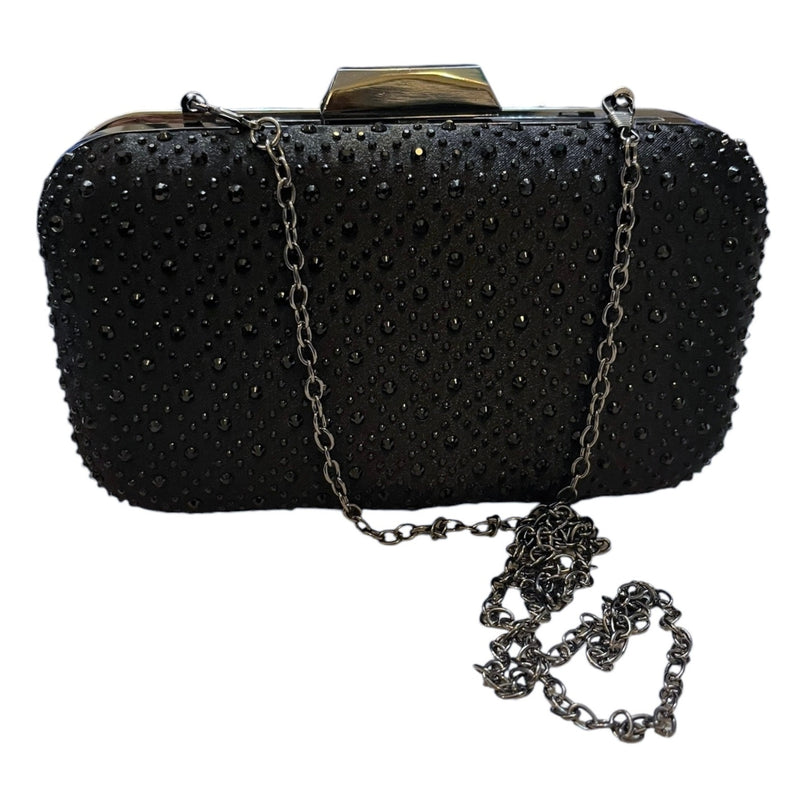 Black Satin CLUTCH Evening Rectangle Embellished Crystal Beads Clasp Closure EUC