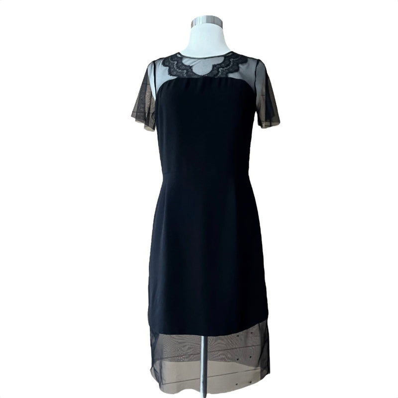 SANDRO Illusion Black Dress Shift Crepe & Tulle Lace Short Sleeves LBD 2 Small