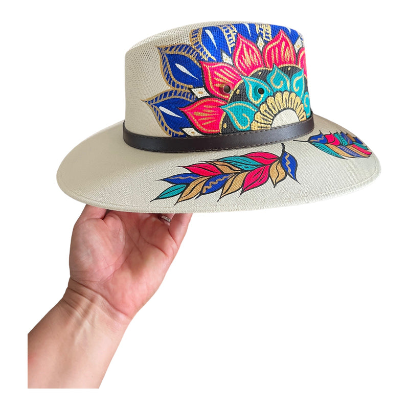 HAT MEXICAN Artisanal Hand Painted Fedora Mandala Sombrero Panama Bohemian White