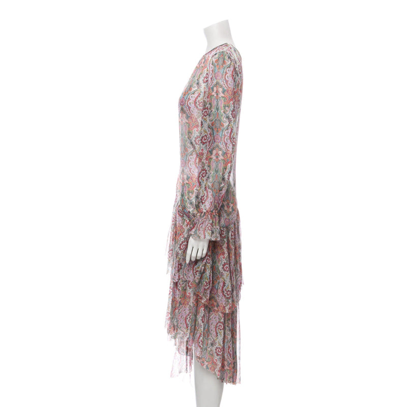 ZIMMERMANN Silk Paisley Floral Tiered Dress Long Sleeves Asymmetric Hem Medium