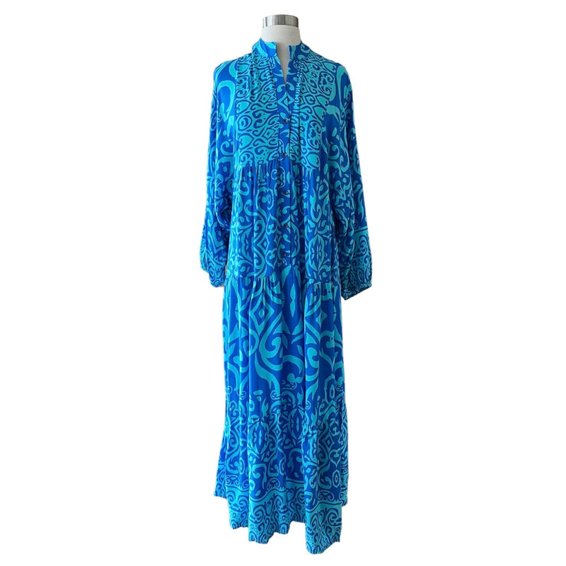 Blues Paisley Maxi Dress V-Neck Long Sleeves Tropical Bold Print Medium