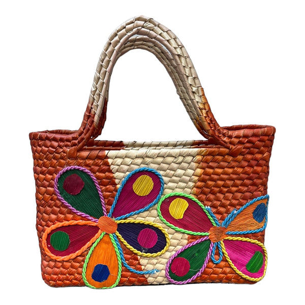 Mexican Natural Weaved Straw Tote Bag HANDMADE Zipper Orange Floral Palm Small