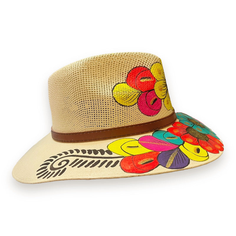 HAT MEXICAN Artisanal Hand Painted Fedora Floral Sombrero Panama Bohemian Ivory