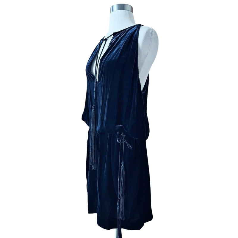 NILI LOTAN Velvet Dress Dark Blue Belted Tassels Sleeveless Silk Rare Medium