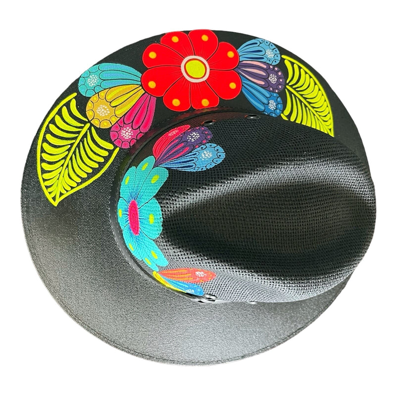 HAT MEXICAN Artisanal Hand Painted Fedora Floral Sombrero Panama Bohemian Black