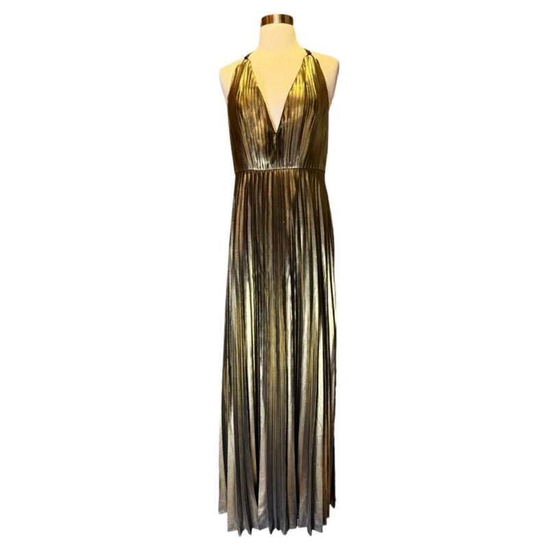 AIDAN MATTOX Pleated Folied Chiffon Halter Gown Bronze Metallic Maxi 4 EUC