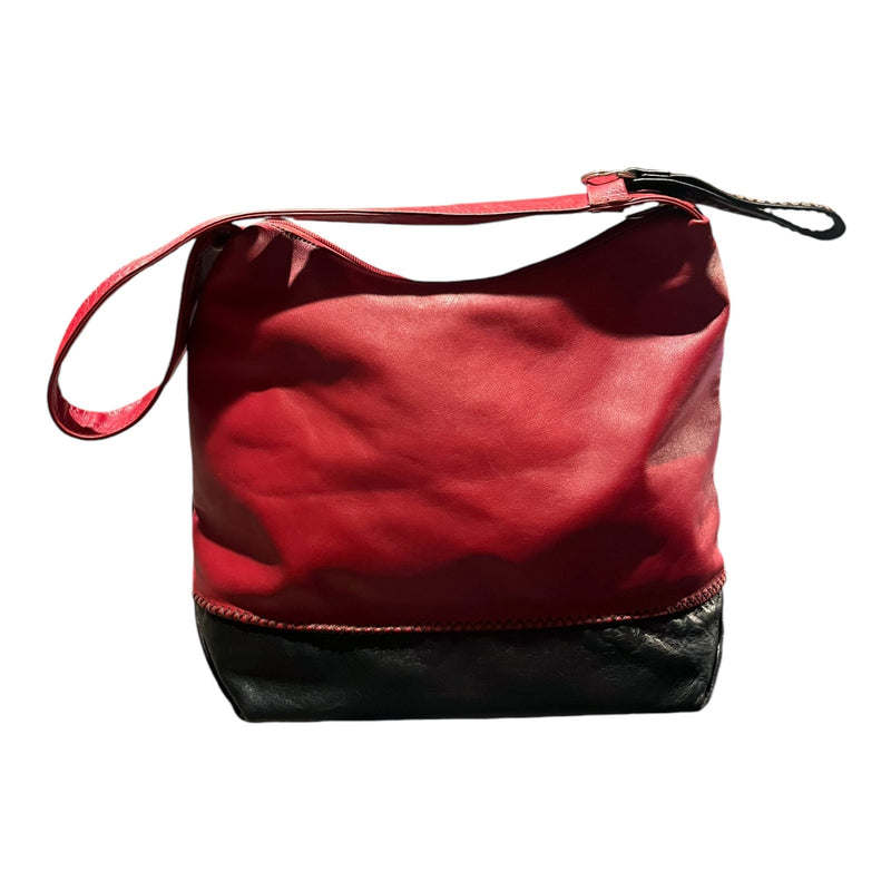 ARCADIA Leather Shoulder Bag Red/Black Bi-Color Bag Hobo Tote Italy Top Zip EUC