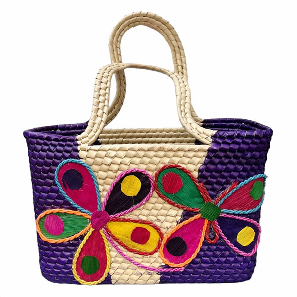 Mexican Natural Weaved Straw Tote Bag HANDMADE Zipper Purple Floral Palm Small