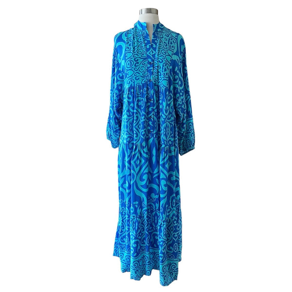 Blues Paisley Maxi Dress V-Neck Long Sleeves Tropical Bold Print Medium