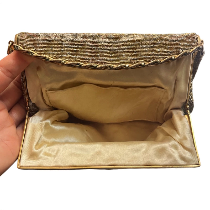 VINTAGE PARIS Beaded Metal Purse Handmade Clutch Gold Silver Flap Closure