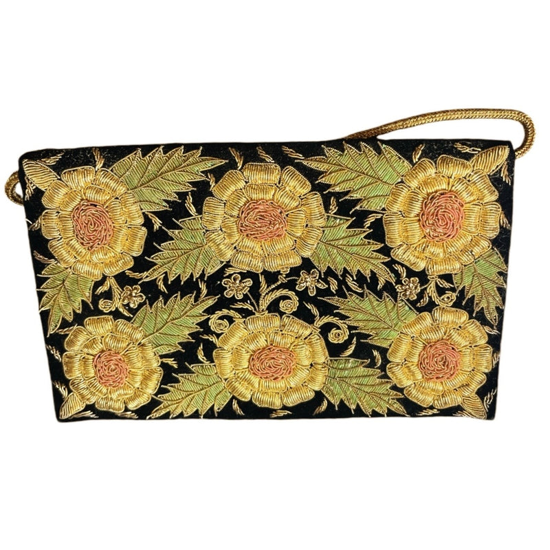 VINTAGE ZARDOZI Metal Embroidered Envelope Clutch Gold Black Velvet Handmade