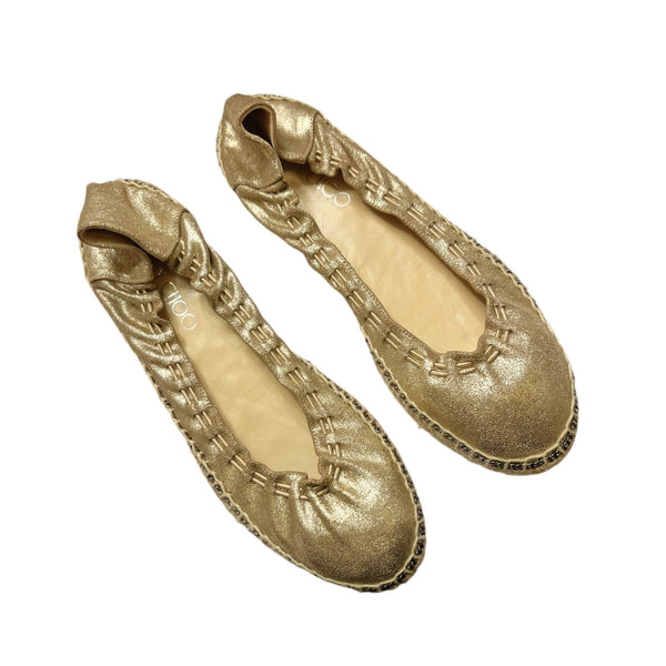 JIMMY CHOO Deena Gold Metallic Leather Flats Espadrilles Spain EU 37 US 6.5 EUC