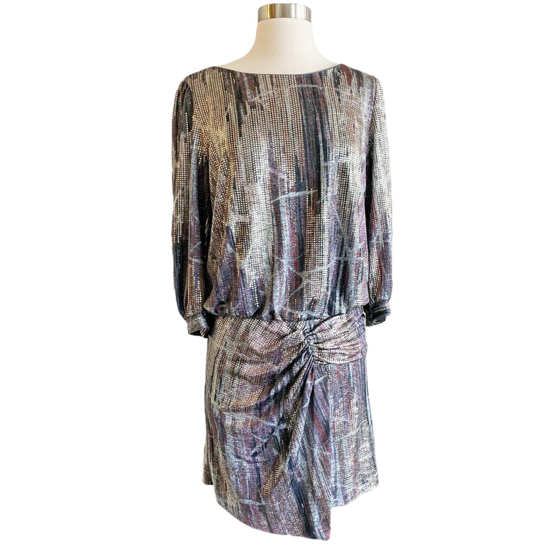 BA&SH Salina Metallic Mini Dress Lighweight Knit Silver Open Back 3 Large EUC