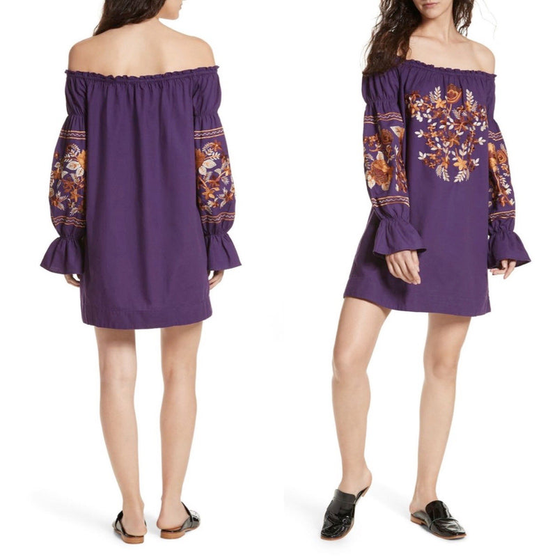 FREE PEOPLE Mini Dress Fleur du Jour Embroidered Tunic Purple Off the Shoulder