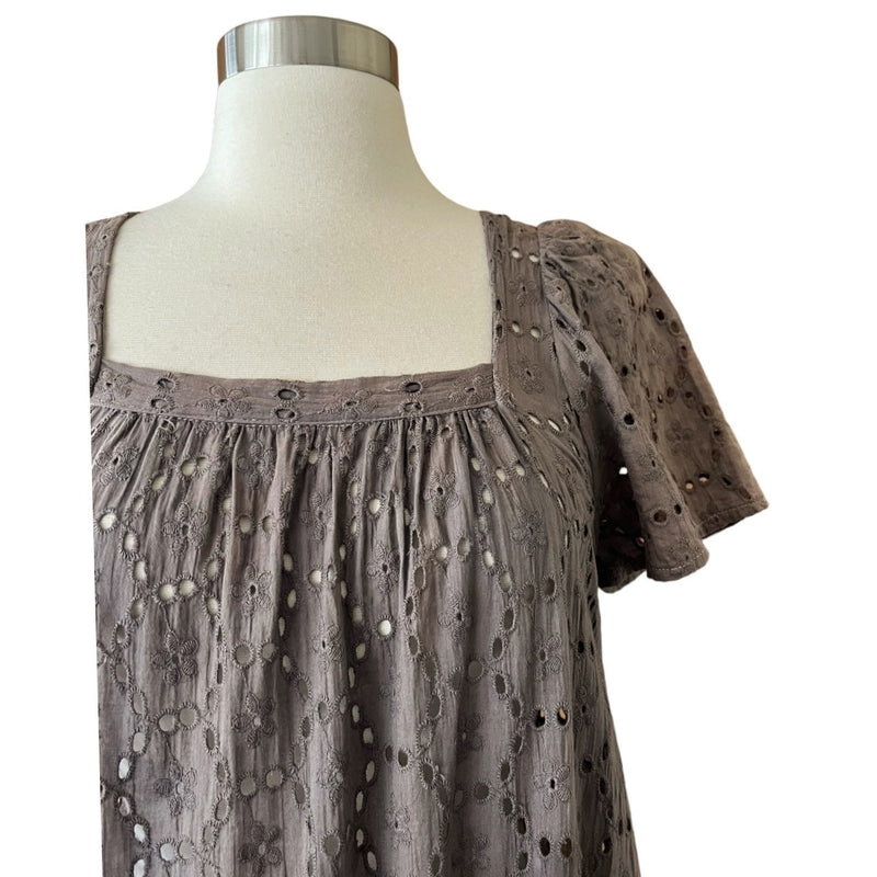 CLAUDE TULUM Taupe Eyelet Midi Dress Taupe Short Sleeves Square Neck Small NEW