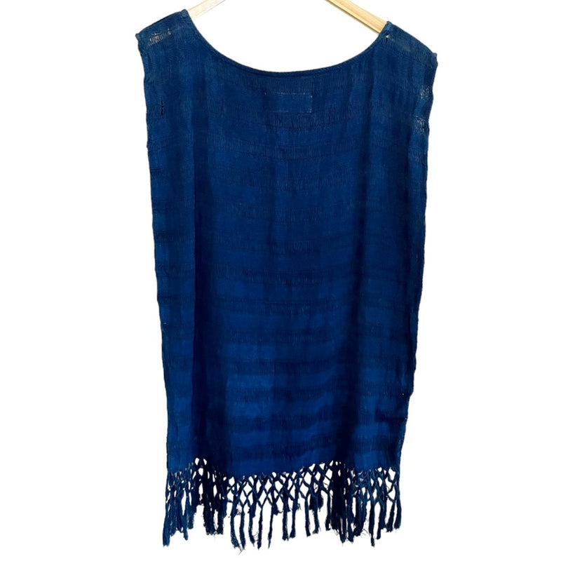 CLAUDE TULUM Natural Tunic Fringe Cotton Coverup  Scoop Neck Navy Blue M/L NEW