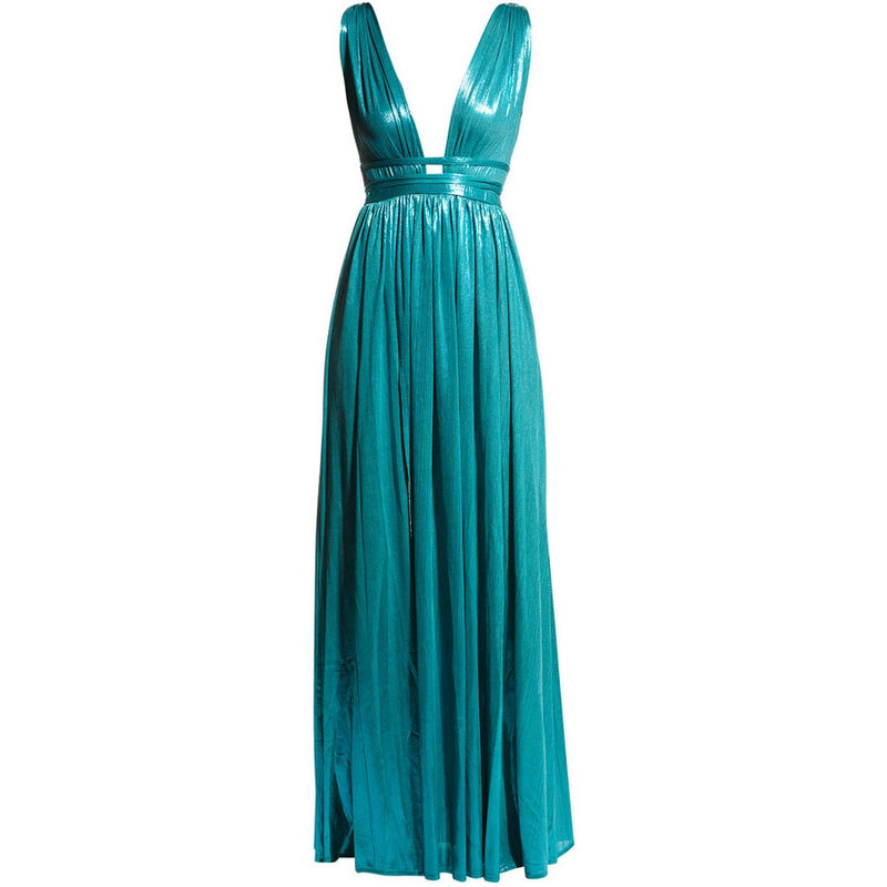 BRONX AND BANCO Romi Metallic Gown Plunge Neckline Dress Teal Turquoise Large 8