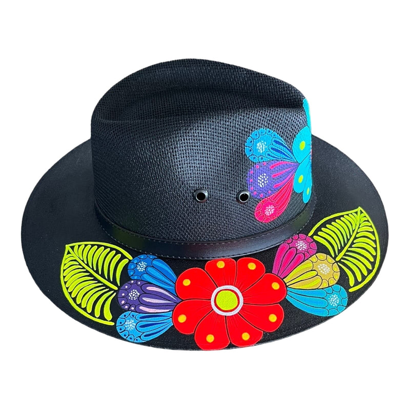 HAT MEXICAN Artisanal Hand Painted Fedora Floral Sombrero Panama Bohemian Black