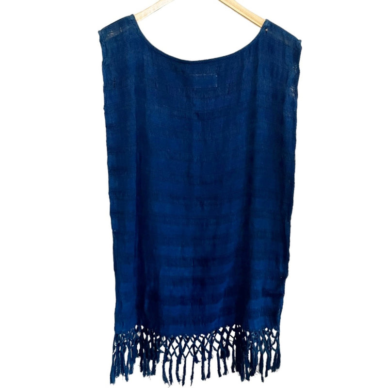 CLAUDE TULUM Natural Tunic Fringe Cotton Coverup  Scoop Neck Navy Blue M/L NEW