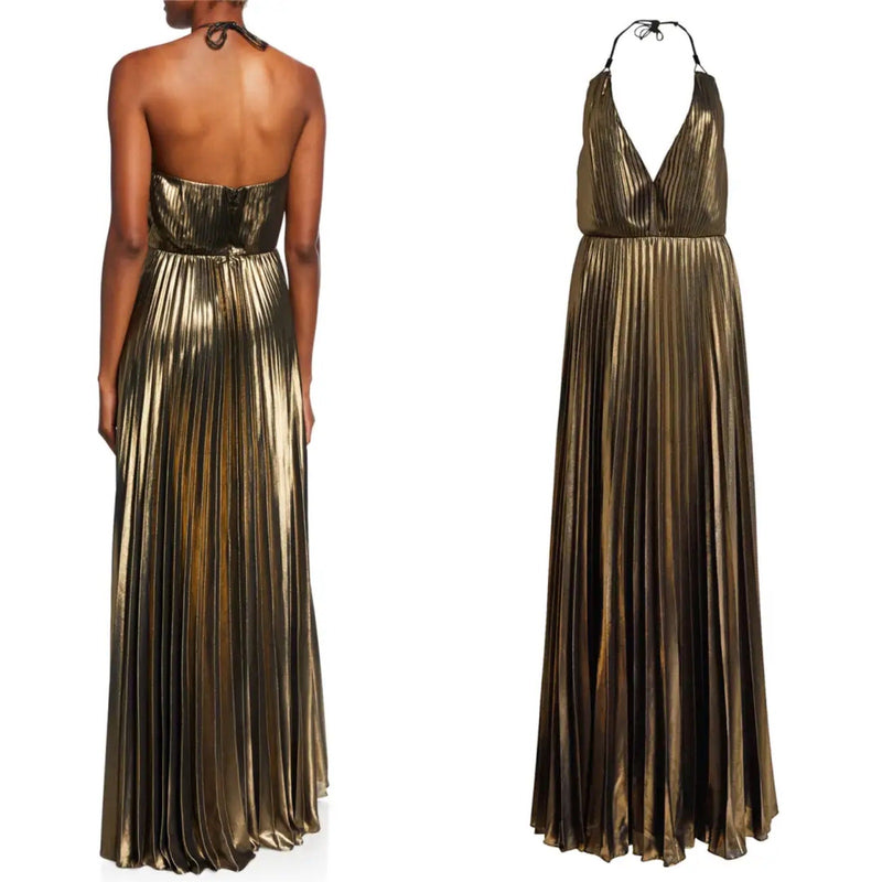 AIDAN MATTOX Pleated Folied Chiffon Halter Gown Bronze Metallic Maxi 4 EUC