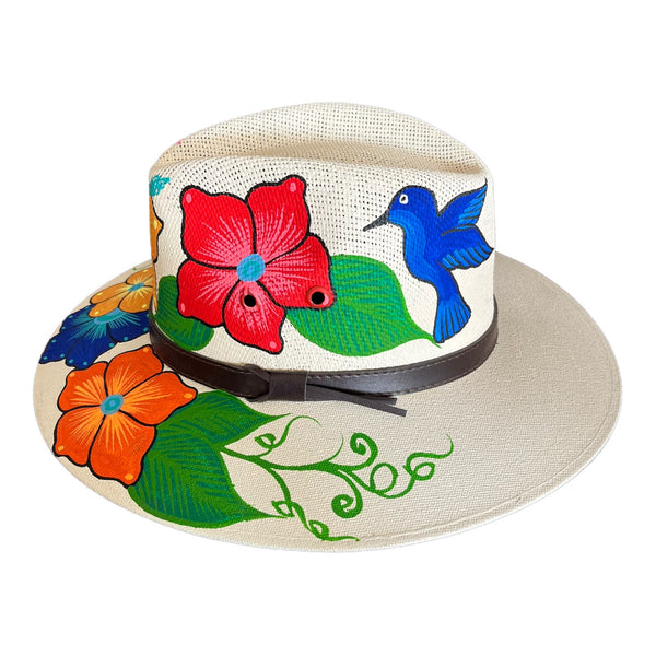 HAT MEXICAN Artisanal Hand Painted Fedora Floral Sombrero Panama Bohemian White