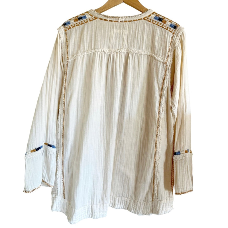 JOHNNY WAS Moby Gauze Tunic Embroidered V-Neck Long Bell Sleeves Cotton Small