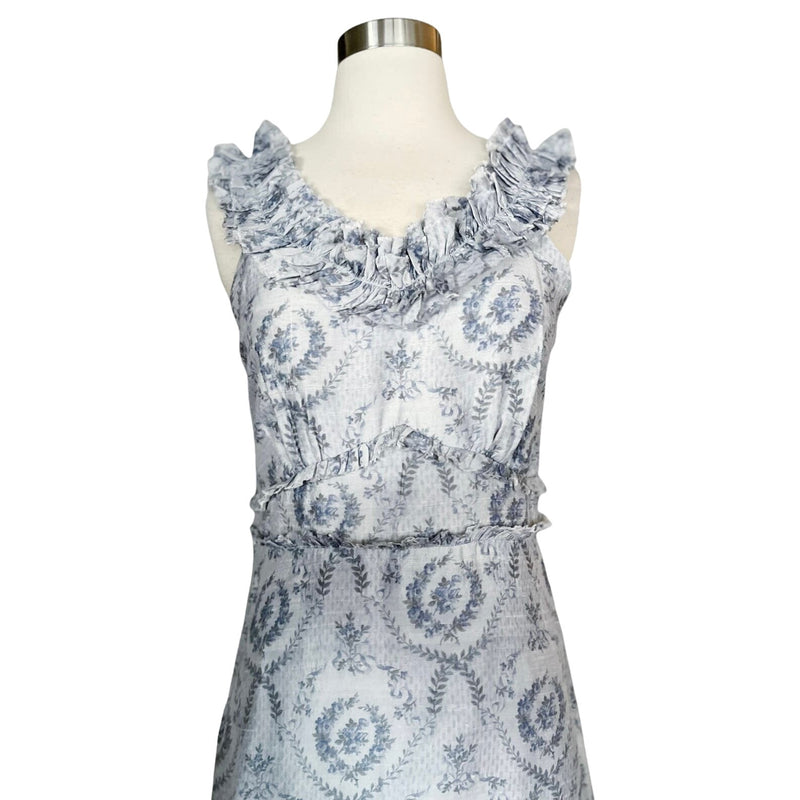 LOVESHACKFANCY Maxi Dress Gown Dupioni Silk Ruffles Sleeveless Gray Blue Sample