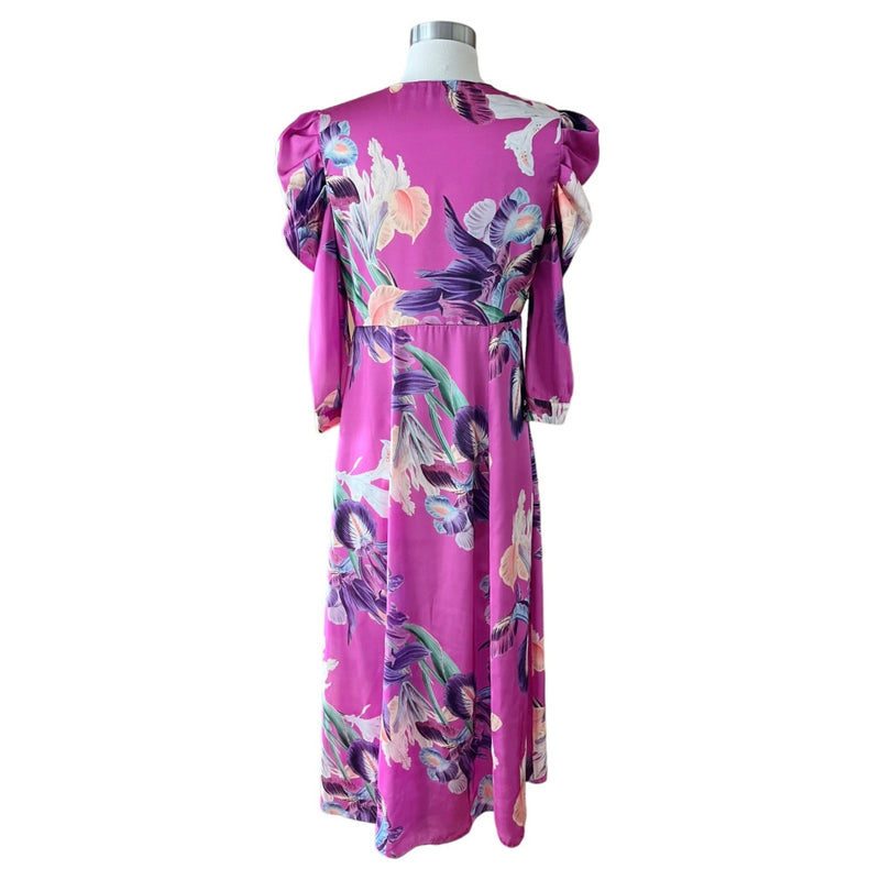 PATBO Grace Floral Dress Satin Puff Sleeve Midi Button Down Influencer US 6