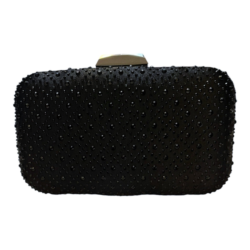 Black Satin CLUTCH Evening Rectangle Embellished Crystal Beads Clasp Closure EUC