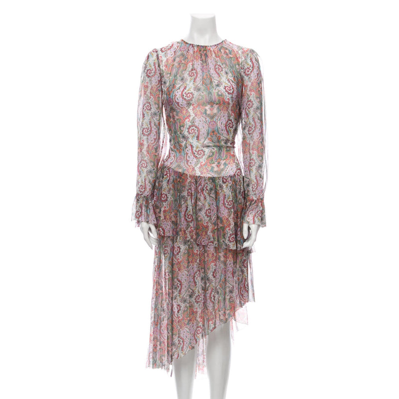 ZIMMERMANN Silk Paisley Floral Tiered Dress Long Sleeves Asymmetric Hem Medium