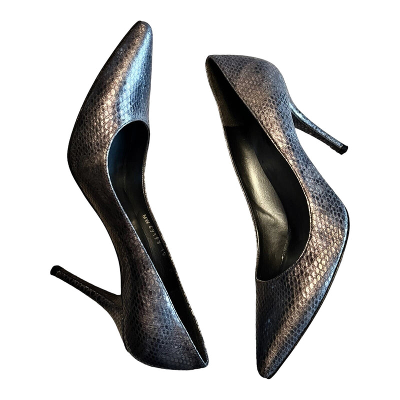 STUART WEITZMAN Snake Print Leather Pump Metallic Pointed Toe Stiletto Spain 10