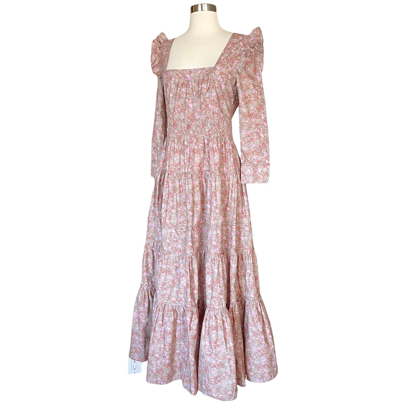 LOVESHACKFANCY Lyna Maxi Dress Tan Garden Cotton Ruffle Floral Pink S 4-6 Sample