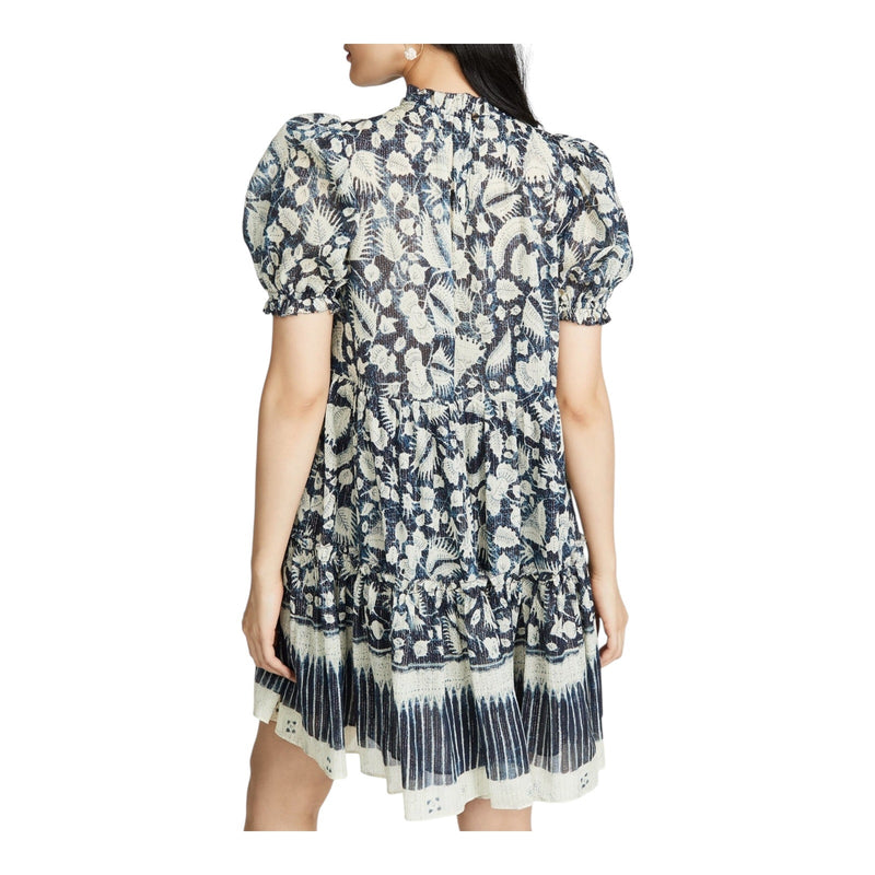 ULLA JOHNSON Dahlia Dress Blue Batik Short Puff Sleeves Crew Neck Silk Lurex 2