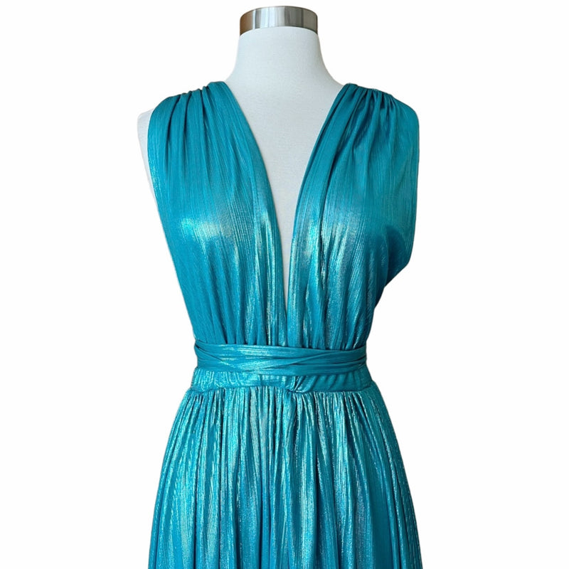 BRONX AND BANCO Romi Metallic Gown Plunge Neckline Dress Teal Turquoise Large 8