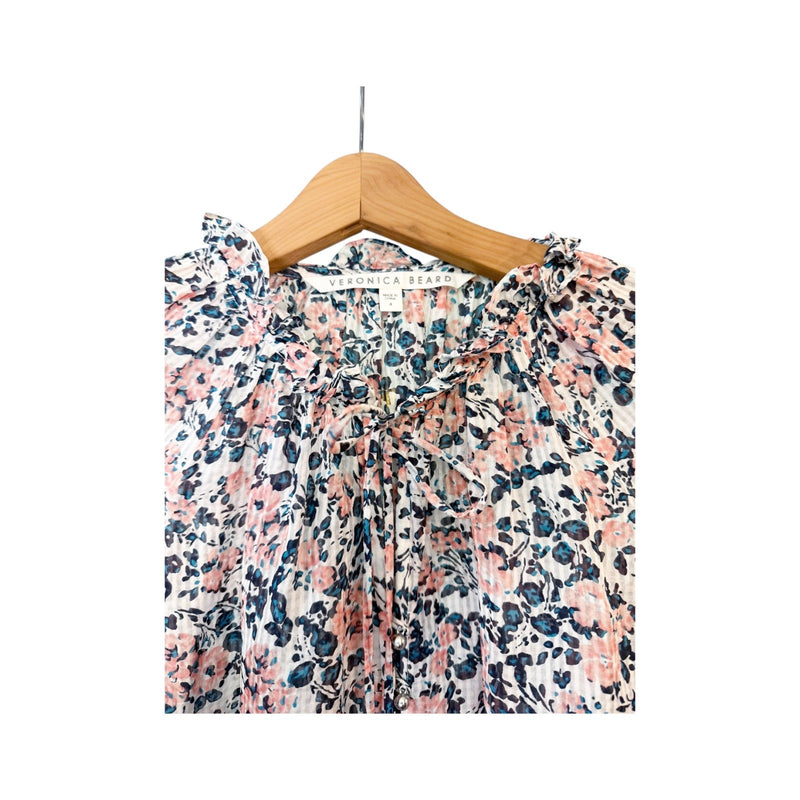 VERONICA BEARD Antonette Top Silk Floral White Blue Long Sleeve Top Blouse 4 EUC