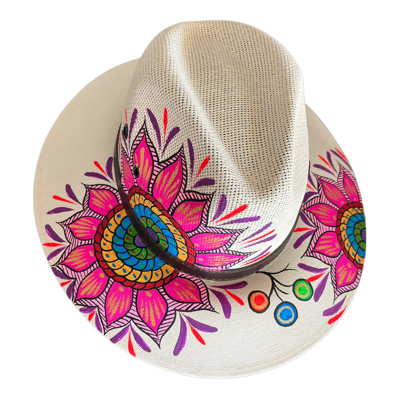 HAT MEXICAN Artisanal Hand Painted Fedora Mandala Sombrero Panama Bohemian White