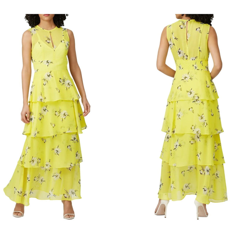 GREAT JONES Floral Silky Chiffon Tiered Dress Maxi Sleeveless Yellow Crew Neck