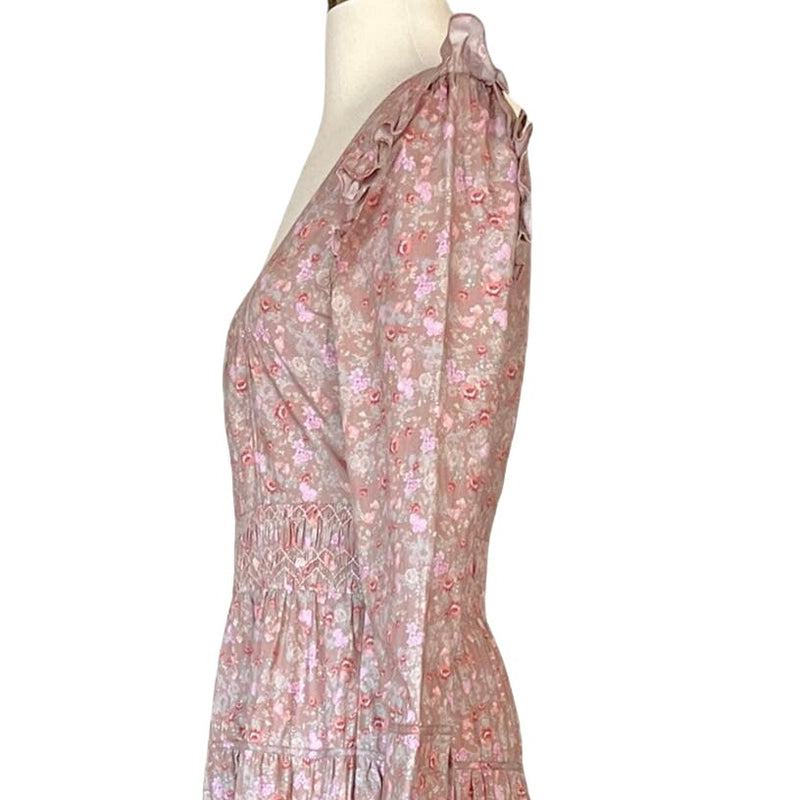 LOVESHACKFANCY Lyna Maxi Dress Tan Garden Cotton Ruffle Floral Pink S 4-6 Sample