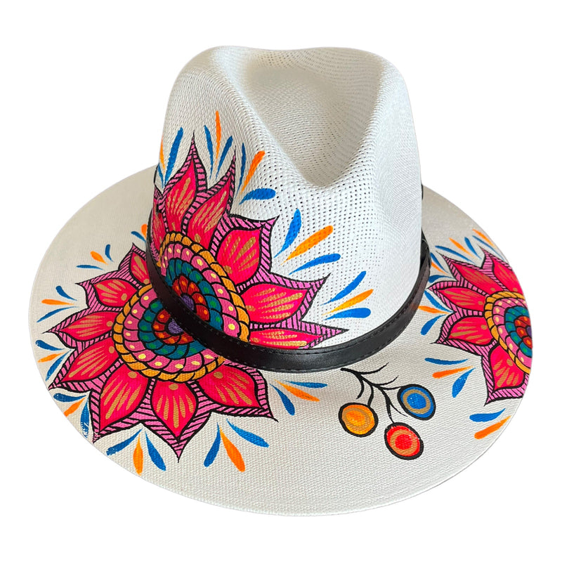 HAT MEXICAN Artisanal Hand Painted Fedora Mandala Sombrero Panama Bohemian White